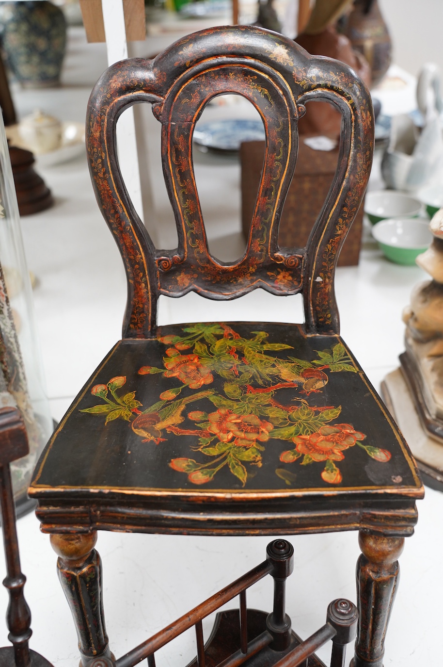 Two miniature single chairs and a spindle turned stationery rack, largest 45cm high. Condition - fair, largest chair repaired